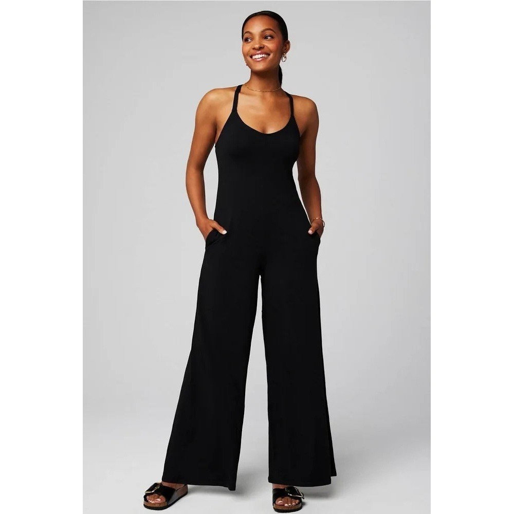 Fabletics Women's Cloud Jersey Wide Leg Jumpsuit - Black Large One Piece